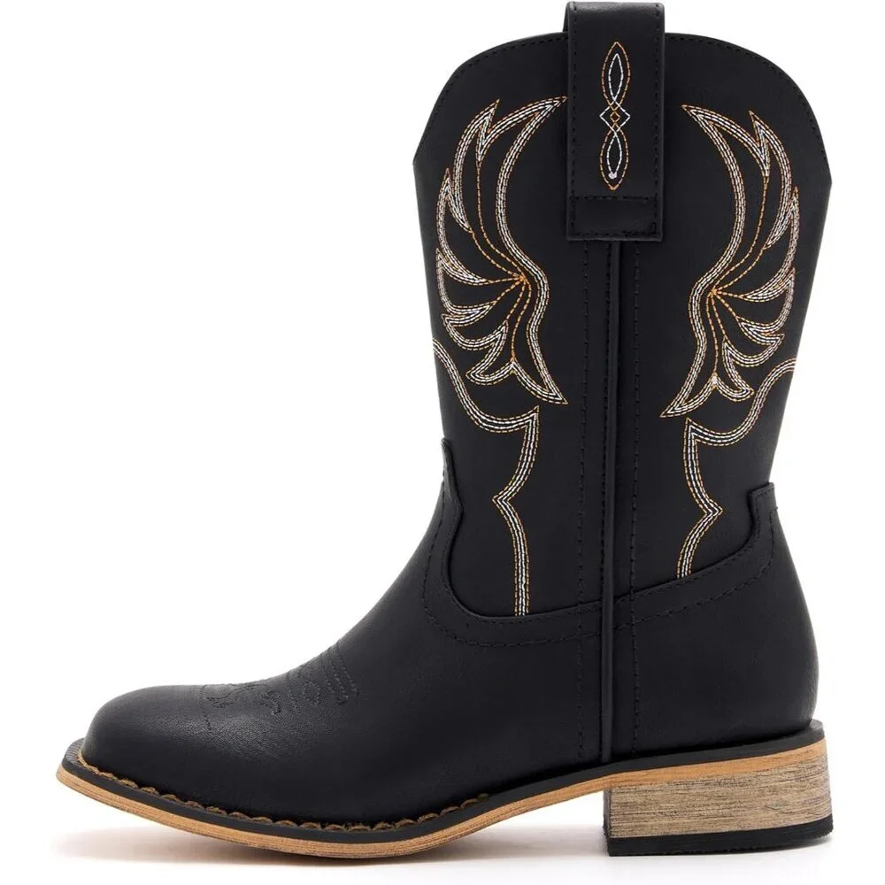 ⚡Girls Black Embroidered Cowgirl Boots Western Square Toe Mid Calf Riding Shoes